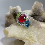 انگشتر زنانه ۳ نگین اصل یاقوت درجه یک زبرجد  و توپاز