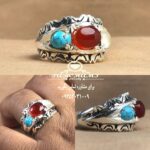 انگشتر حلقه 3نگین اصل عقیق یمن، دور نجف، فیروزه