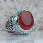 انگشتر عقیق یمن سرخ مخراج فیروزه نیشابوری اصلی