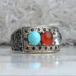 انگشتر 3 نگین عقیق یمن، دور نجف، فیروزه اصل