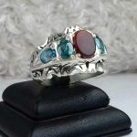 انگشتر حلقه رینگی پنج نگین عقیق یمن سرخ و توپاز سبز اصلی