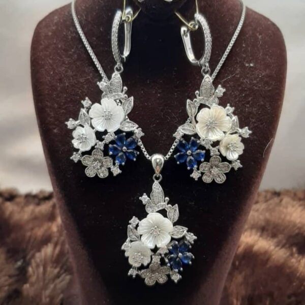 نیم ست نقره جواهری صدف اصل و نگین آبی زیبا